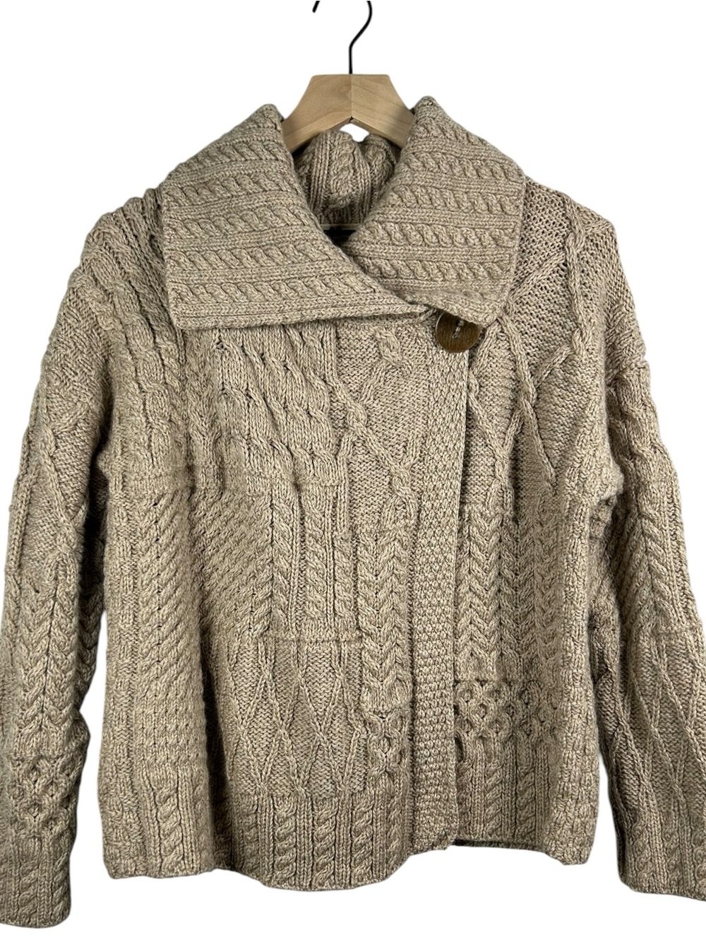 CARRAIG DONN Irish Merino Wool Patchwork Aran Cable Knit Cardigan XL Oatmeal